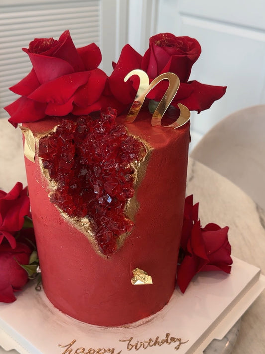Ruby Red Crystal Cake with Fresh Red Roses - 6”